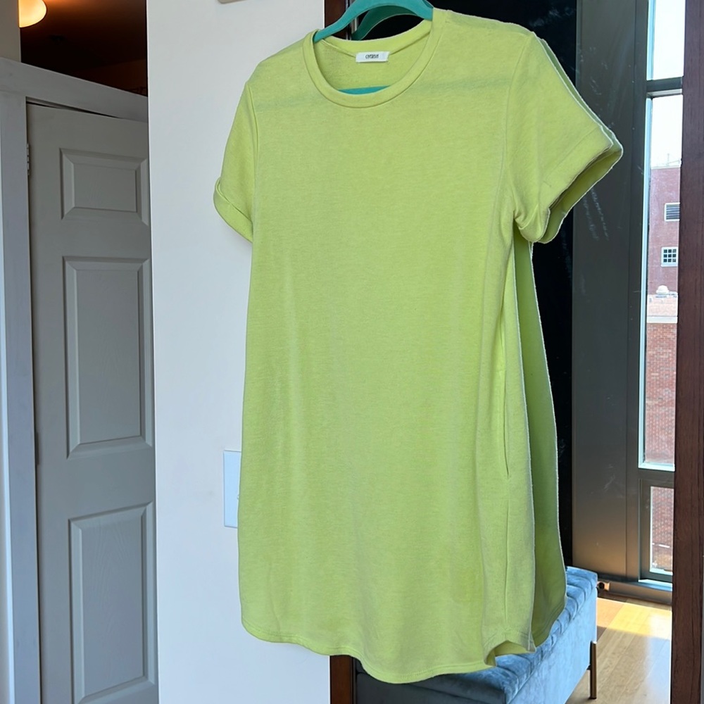 Light Highlighter Green Comfy T-Shirt Dress with Pockets